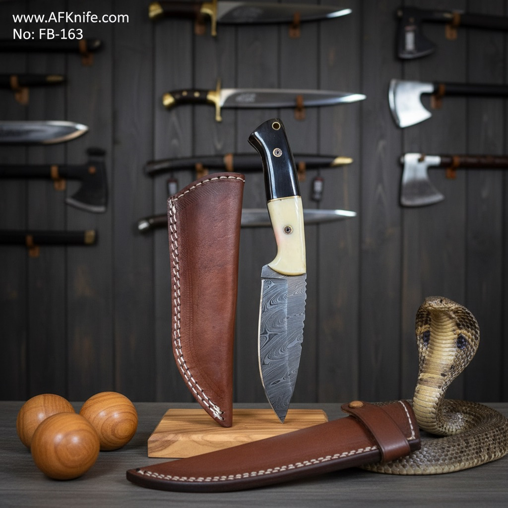 Fixed Blad Damascus Steel 1095 + Camel Bone w/ Ebony Wood Handle + Leather Sheath + 57-59 HRC Drop Point Style No: FB-163