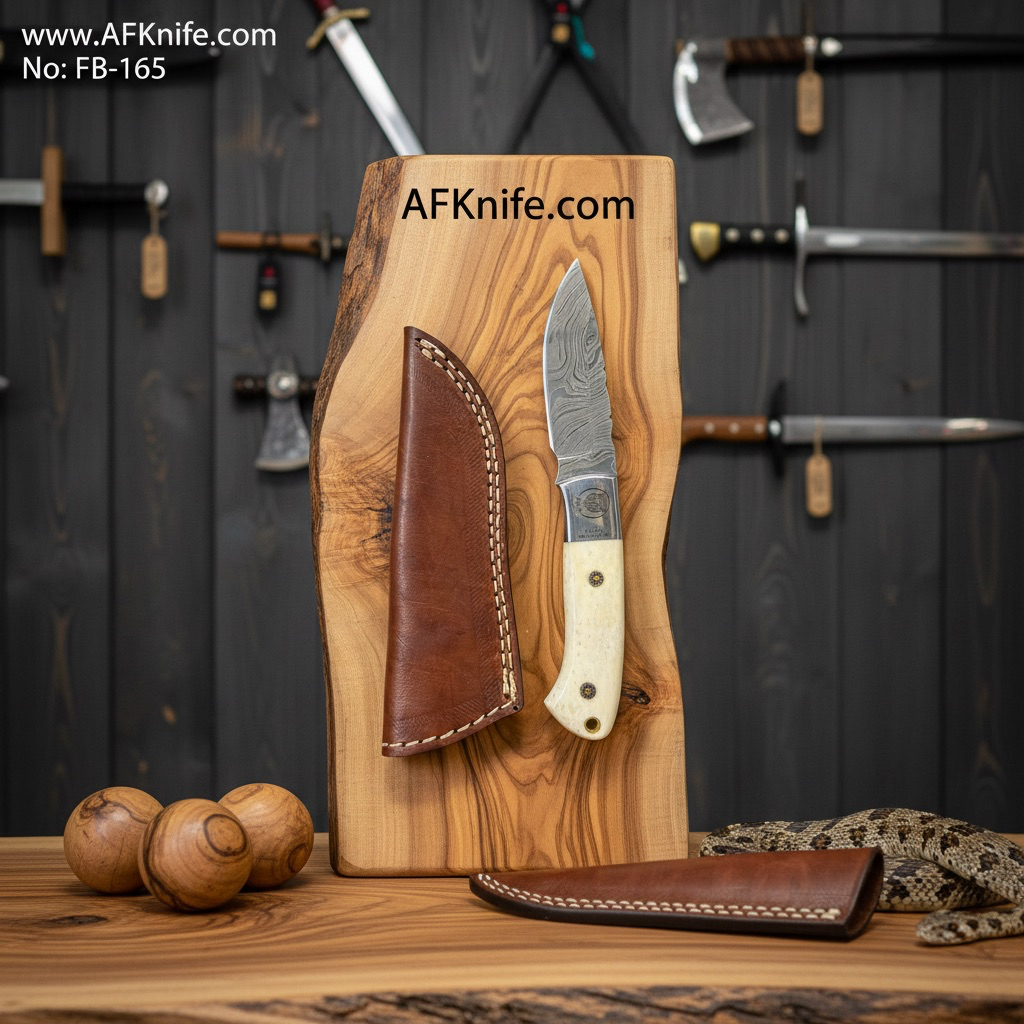 Fixed Blad Damascus Steel 1095 + Camel Bone w/ Steel Handle + Leather Sheath + 57-59 HRC - Drop Point Style No: FB-165