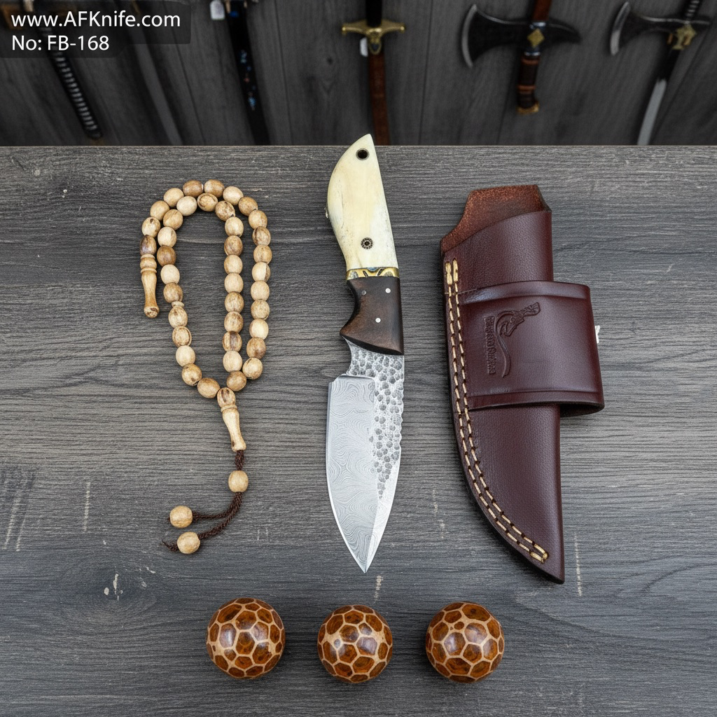 Fixed Blad Damascus Steel 1095 + Camel Bone & Rose Wood Handle + Leather Sheath + 58-59 HRC - Drop Point Style No: FB-168