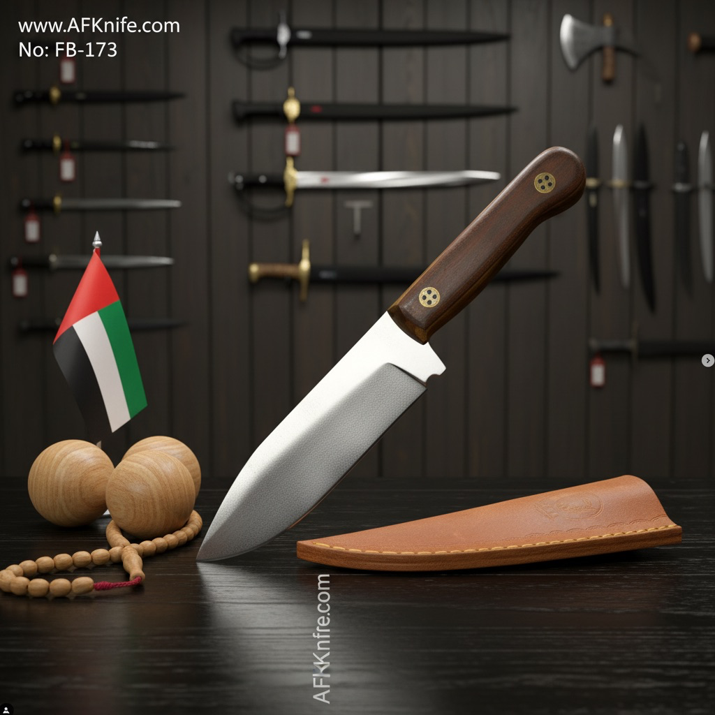 [FB-173] سكين من معدن ( الكاربون ستيل ٥١٦٠ ) ومقبض من ( الخشب ) وغمد من ( الجلد ) رقم ١٧٣
