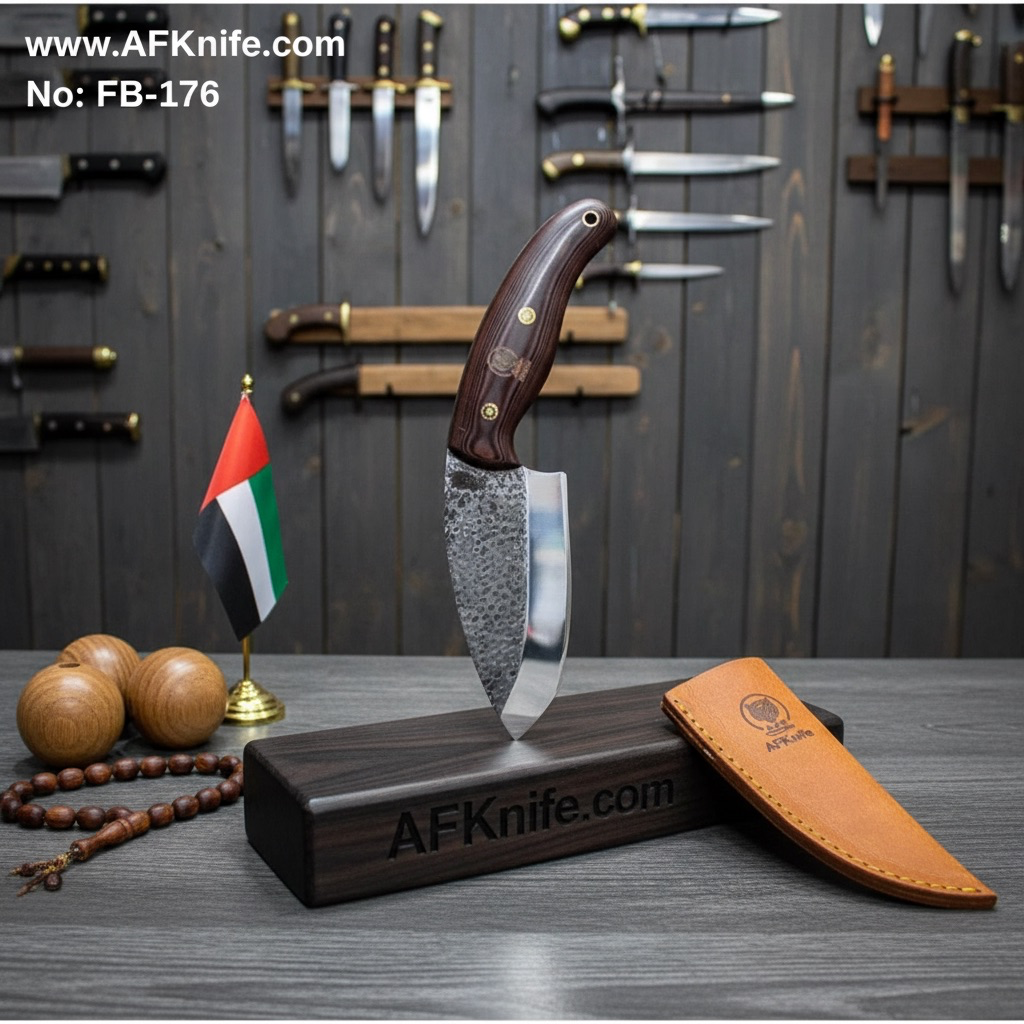 [FB-176] سكين من معدن ( الكاربون ستيل ١٠٩٥ ) ومقبض من ( الخشب ) وغمد من ( الجلد ) رقم ١٧٦