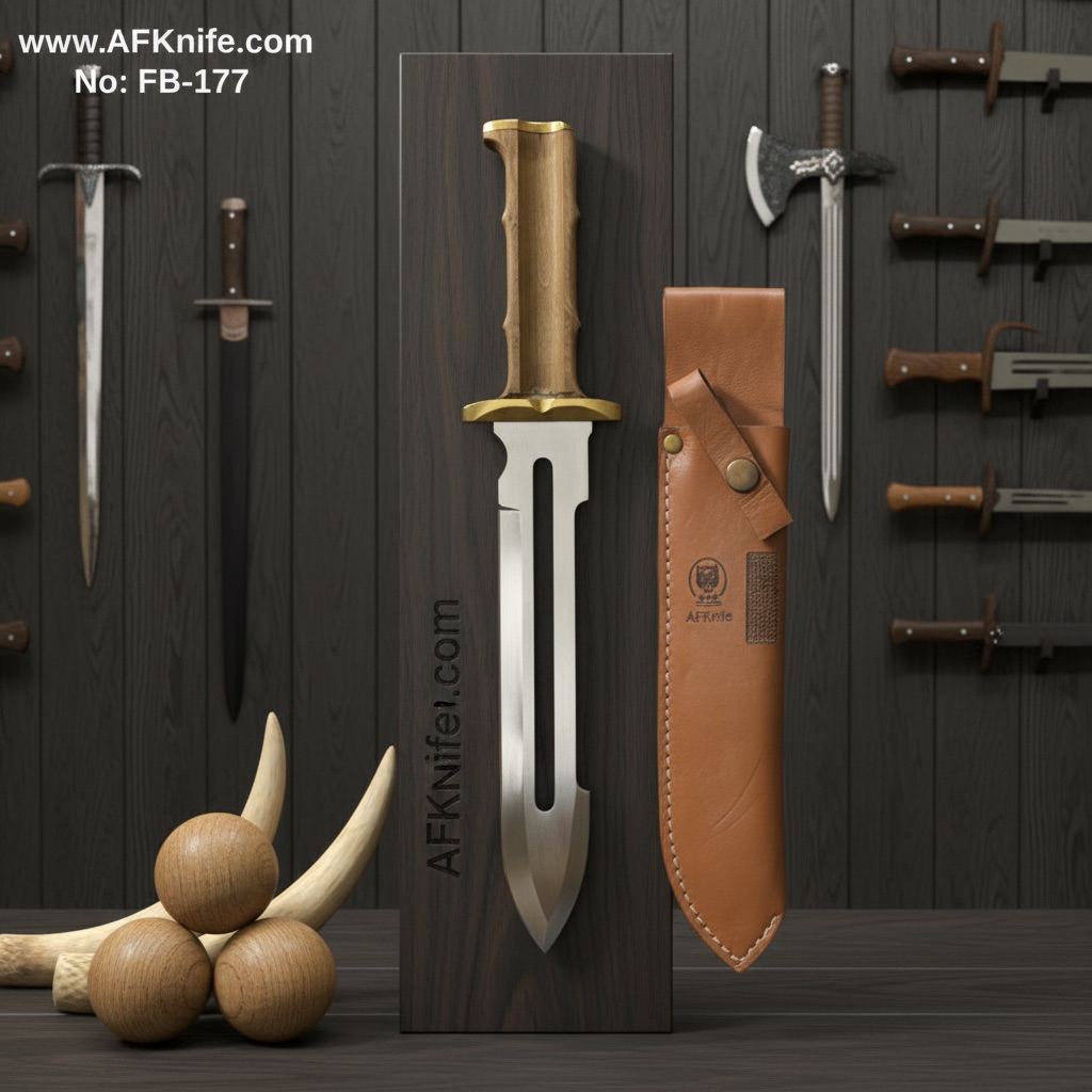 Fixed Blad Dagger Knife - Carbon Steel 1095 + Oak Wood w/ Steel Guard Handle + Leather Sheath + 58-59 HRC - DAGGER Style No: FB-177