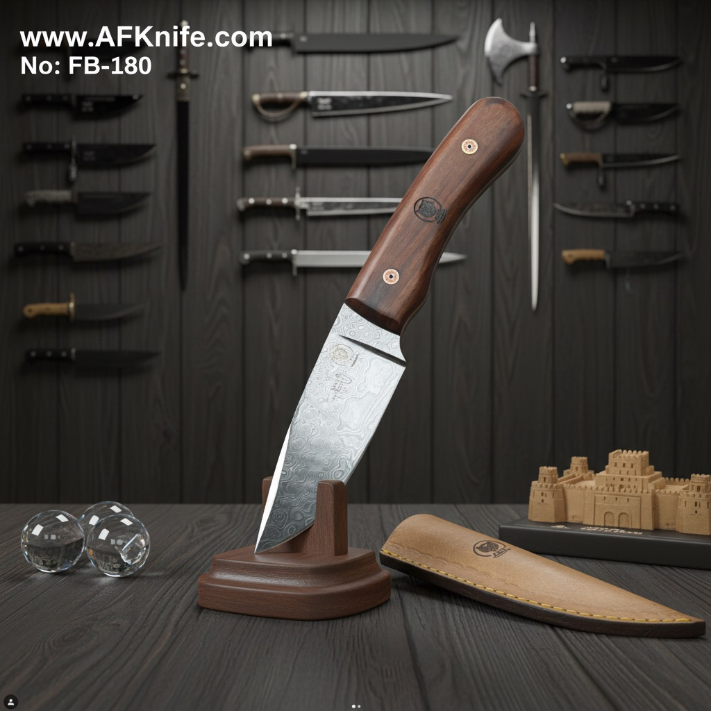 Fixed Blad Damascus Steel 1095 + Walnut Wood Handle + Leather Sheath + 58-59 HRC - Drop Point Style No: FB-180
