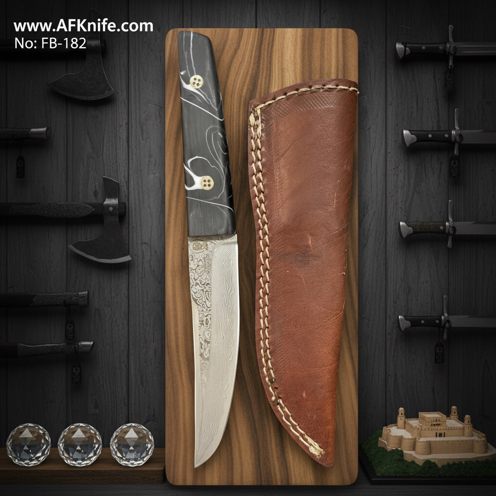 [182] Fixed Blad - Damascus VG10 + Epoxy Handle + Leather Sheath + 58-60 HRC - Tanto Style No: FB-182
