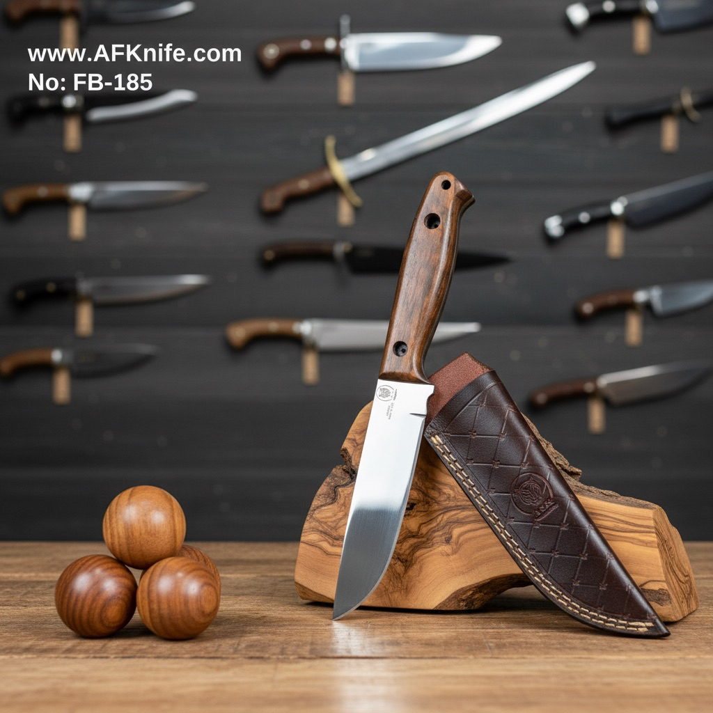 Fixed Blad D2 Tool Steel - Stonewash + Walnut Wood Handle + Leather Sheath + 58-60 HRC - Straight Back Style No: FB-185
