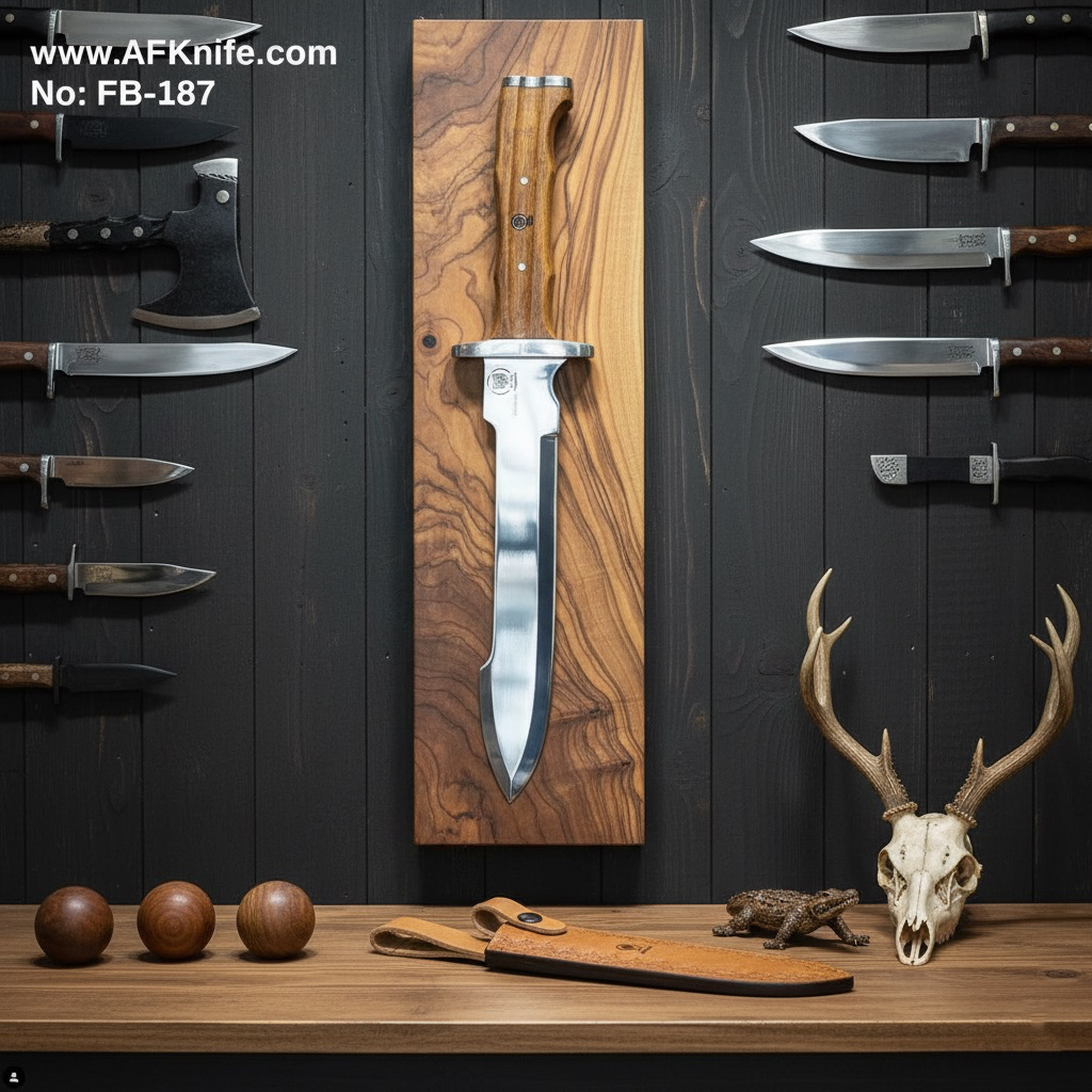 Fixed Blad Dagger Knife - D2 Tool Steel + Oak Wood w/ Steel Guard Handle +  Leather Sheath + 58-60 HRC - Dagger Style No: FB-187