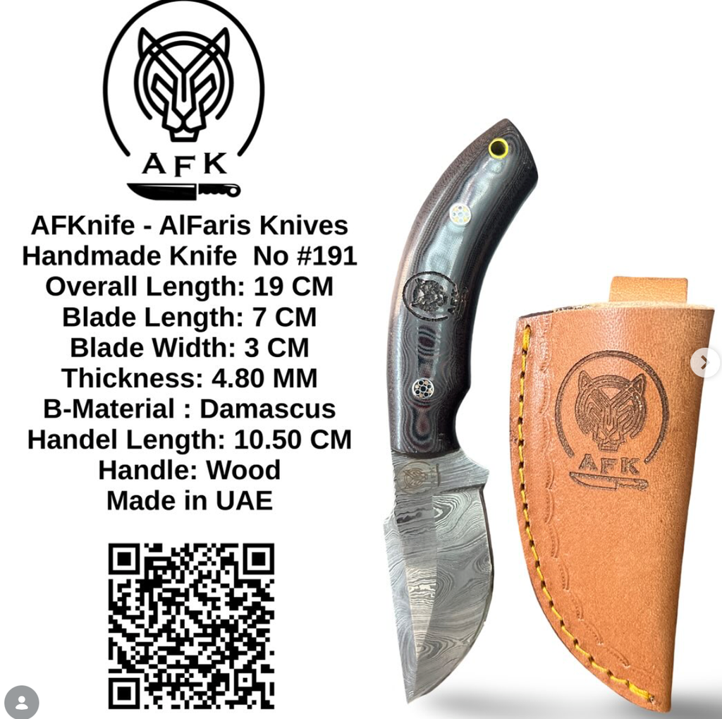 Fixed Blad Damascus Steel 1095 + Wood Handle + Leather Sheath + 58-59 HRC - Clip Point Style No: FB-191