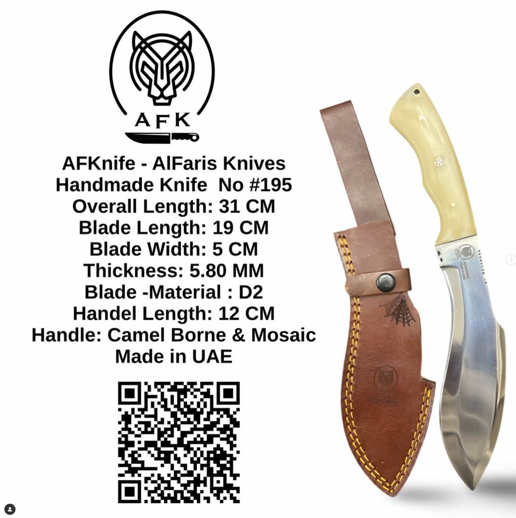 Fixed Blade D2 Tool Steel + Camel Bone Handle + Leather Sheath + 58-60 HRC - Kukri Style No: FB-195