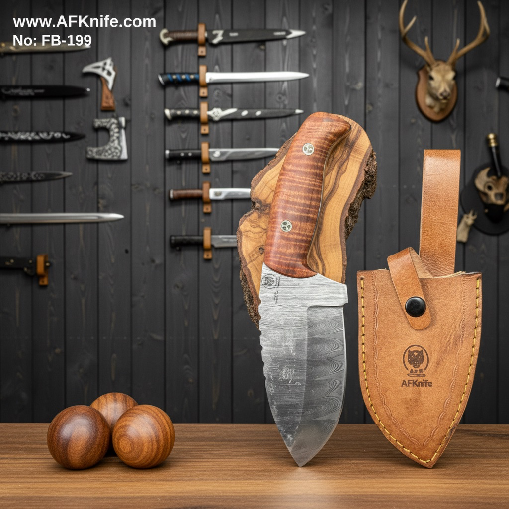 Fixed Blad Damascus Steel 1095 + Rose Wood Handle + Leather Sheath + 58-59 HRC - Drop Point Style No: FB-199