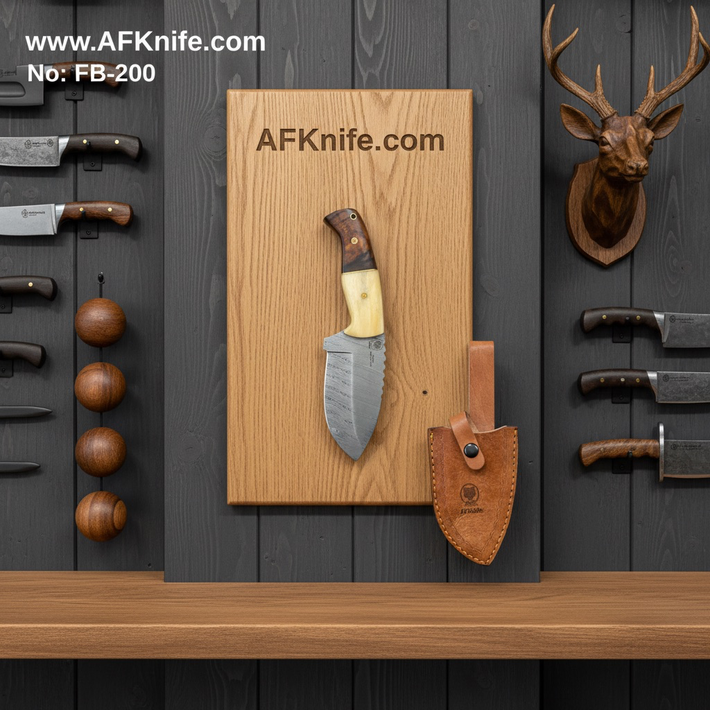 Fixed Blad Damascus Steel 1095 + Camel Bone & Rose Wood Handle + Leather Sheath + 58-59 HRC - Drop Point Style No: FB-200