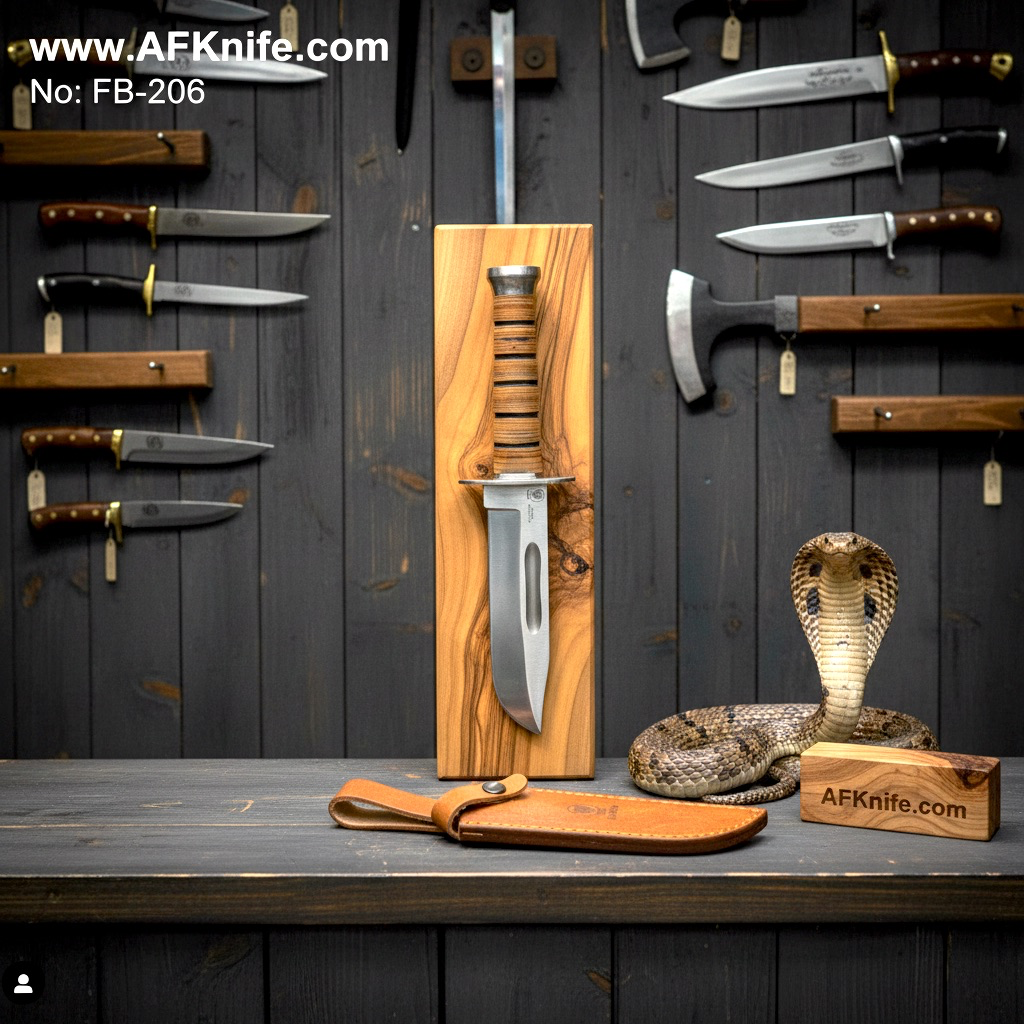 Fixed Blad Bowie Knife - Carbon Steel 1095 + Leather w/ Steel Handle + Leather Sheath + 58-59 HRC - Bowie Style No: FB-206