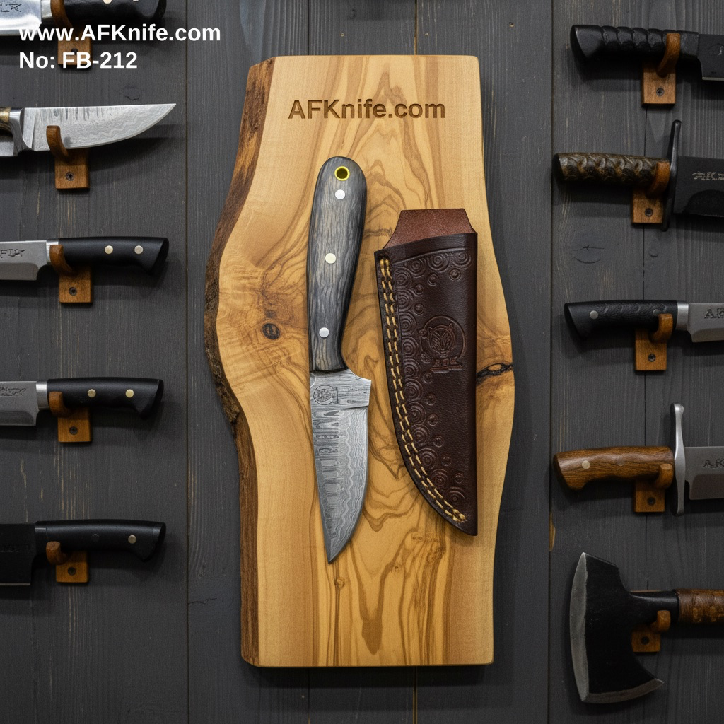 Fixed Blad Damascus Steel 1095 + Walnut Wood Handle + Leather Sheath + 58-59 HRC - Drop Point Style No: FB-212