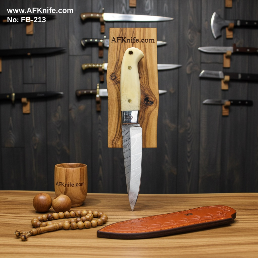 Fixed Blad - Damascus Steel 1095 + Camel Bone Handle + Leather sheath - 58-59 HRC - Drop Point Style No: FB-213