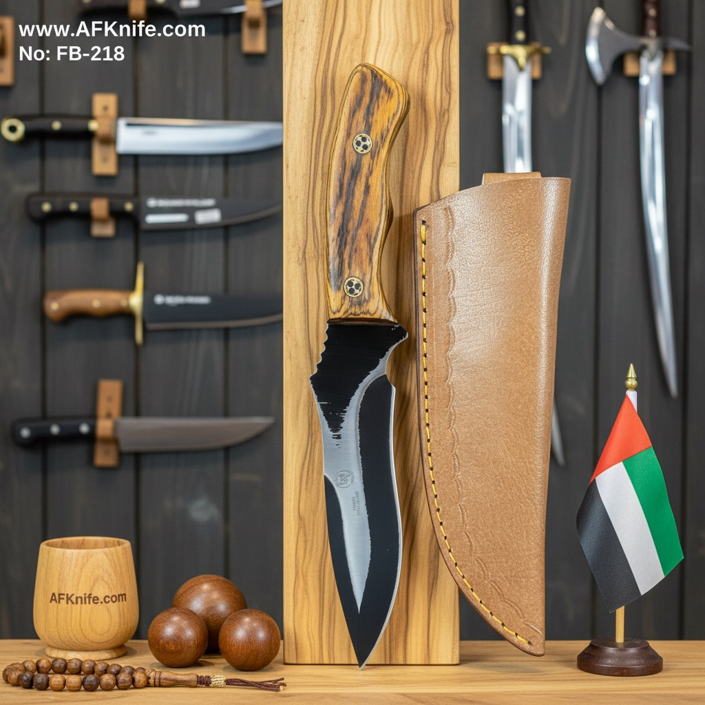 [FB-218] سكين من معدن الاستانلس ستيل ٤٤٠  مغطى باللون الاسود ومقبض من الخشب الموزاييك وغمد من الجلد رقم ٢١٨