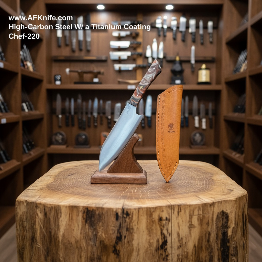 [220] Chef's (kitchen) High-Carbon Steel W/ a Titanium Nitride Coating + Micarta Handle + Leather Sheath + 58-60 HRC - ( Deba  Style ) No: Chef-220