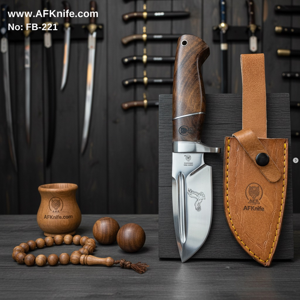 Fixed Blad D2 Tool Steel +Walnut Wood w/ Steel Guard Handle + Leather Sheath + 58-60 HRC - Drop Point Style No: FB-221