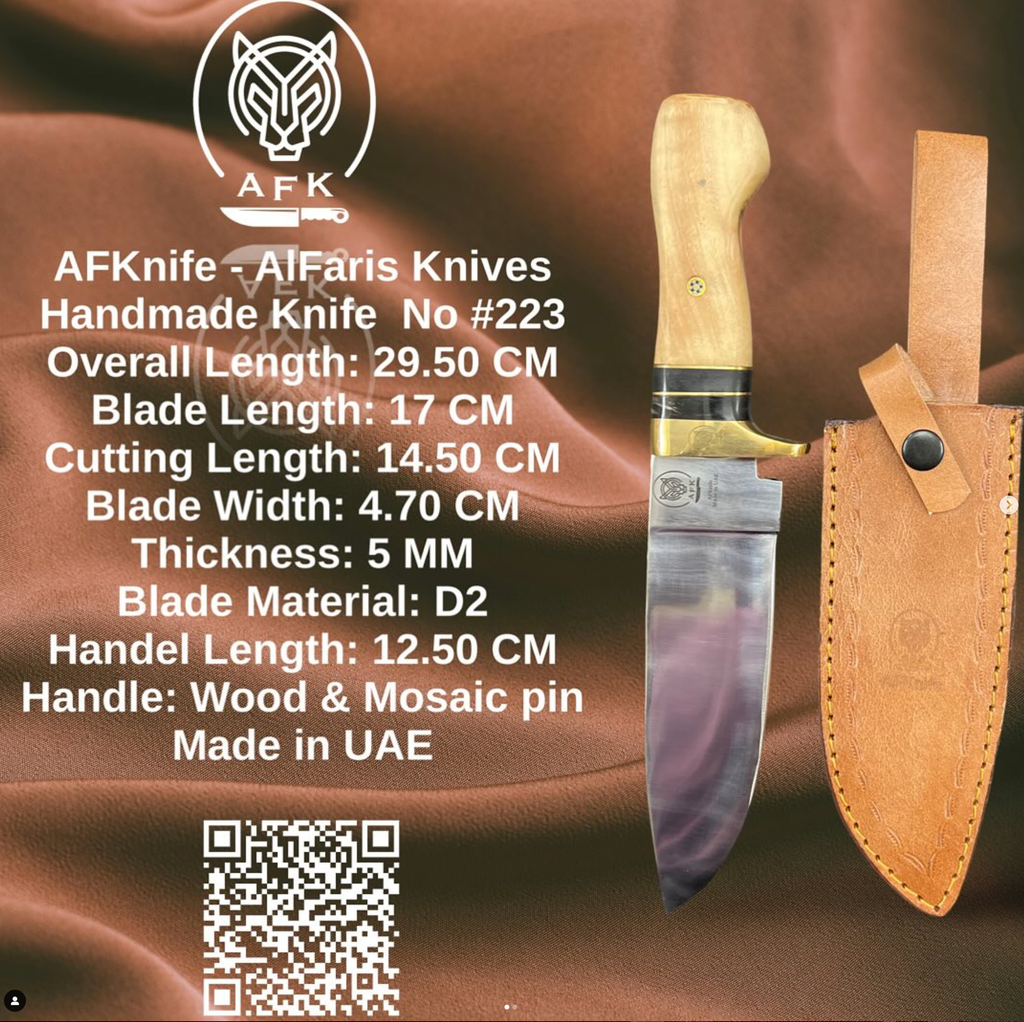 [223] Fixed Blad Drop Point D2 Steel Olive Wood Handle + Leather Sheath Knife #223