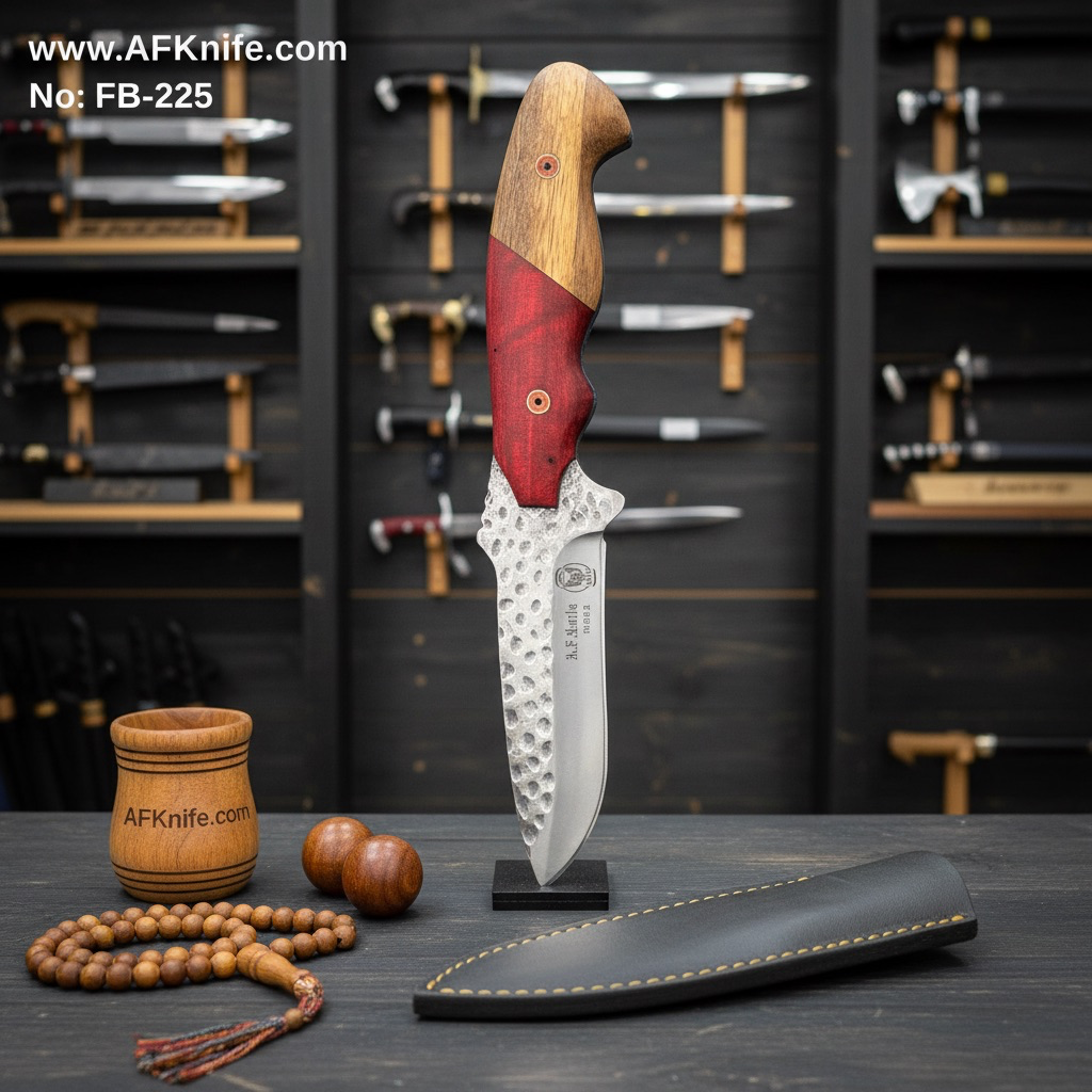 Fixed Blad - Stainless Steel 440C + Rose Wood w/ Olive Wood Handle + Leather Sheath + 58-59 HRC - Drop Point Style No: FB-225