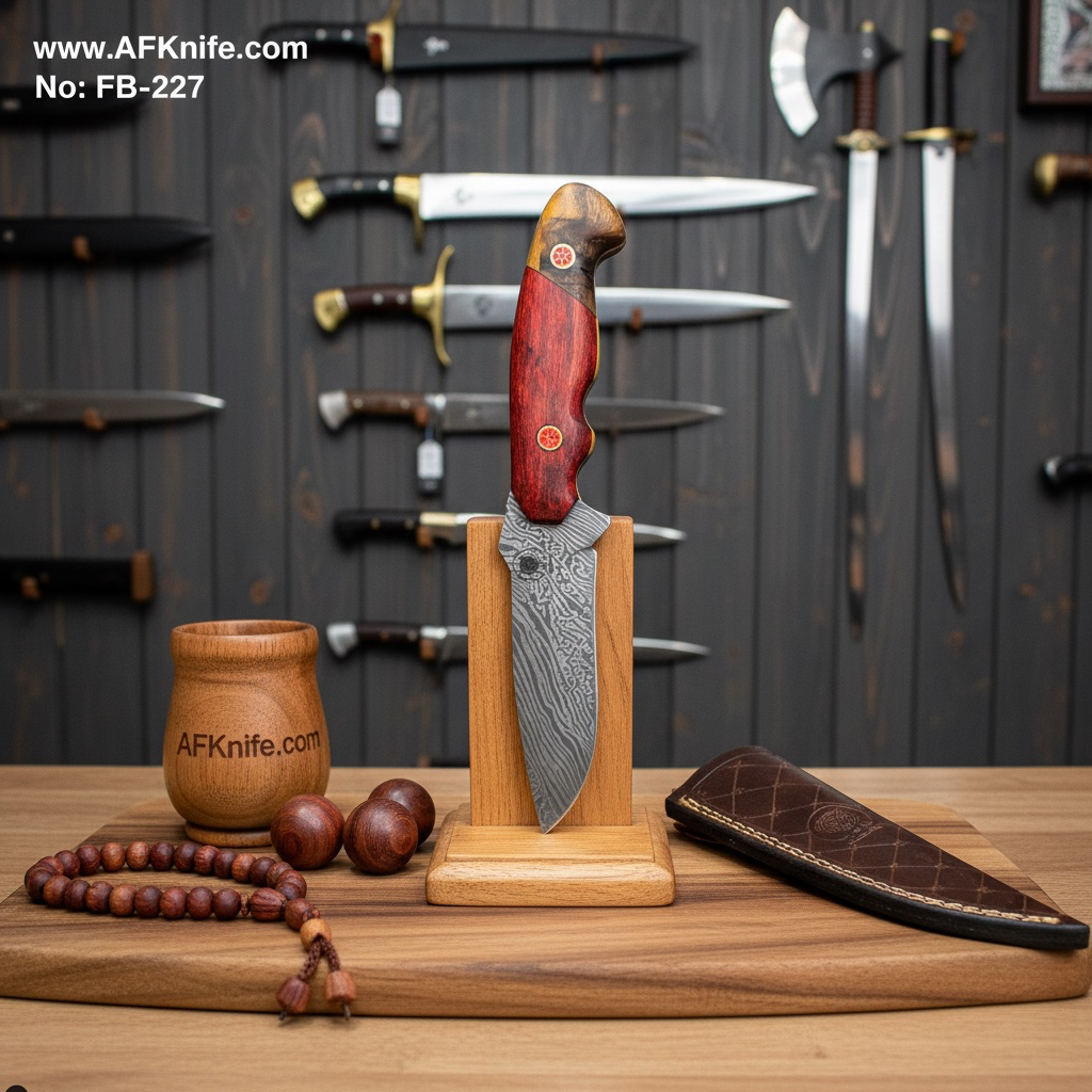 Fixed Blad - Damascus Steel + Rose Red Color Wood w/ Olive Wood Handle + Leather Sheath + 58-60 HRC Drop Point Style No: FB-227