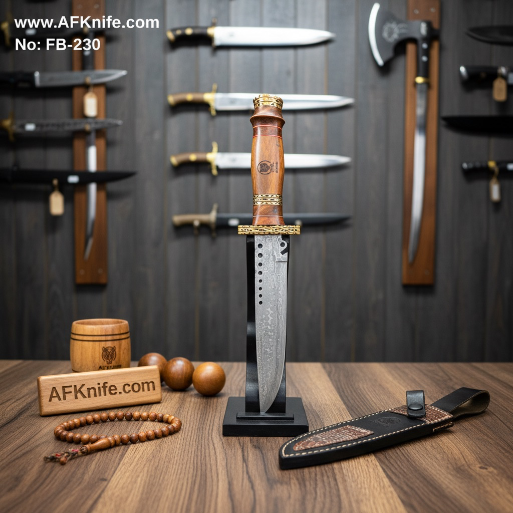 Fixed Blade Damascus Steel 1095 + Walnut Wood w/ G10, Copper & Copper Guard Handle + Leather Sheath + 58-59 HRC - Straight Back Style No: FB-230
