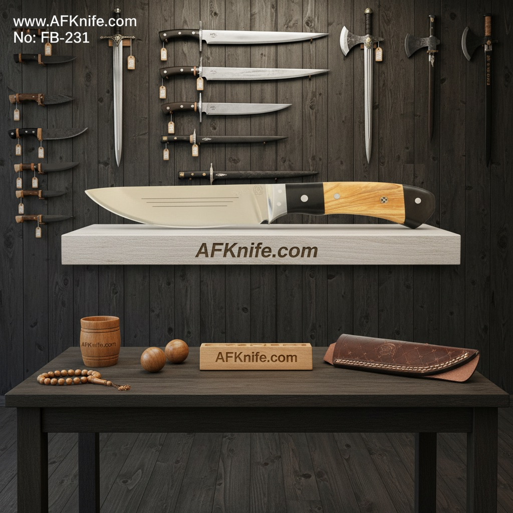 Fixed Blad Titanium Steel + Olive Wood Handle + Leather Sheath + 57-58 HRC - Straight Back Style No: FB-231