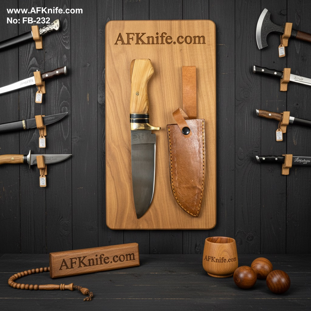 Fixed Blad D2 Tool Steel w/ Black Coated + Walnut Wood w/ G10 & Copper Guard Handle + Leather Sheath + 58-60 HRC - Drop Point Style No: FB-232