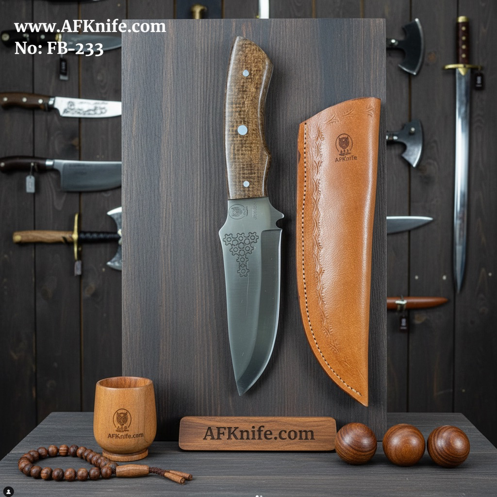 [FB-233] سكين من معدن ( التيتانيوم ستيل ) ومقبض من ( الميكارتا ) وغمد من ( الجلد ) رقم ٢٣٣