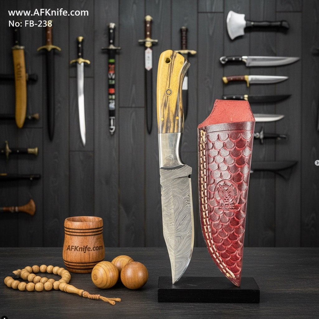 Fixed Blad Damascus Steel 1095 + Wood w/ Steel Handle + Leather Sheath + 58-59 HRC - Clip Point Style No: FB-238