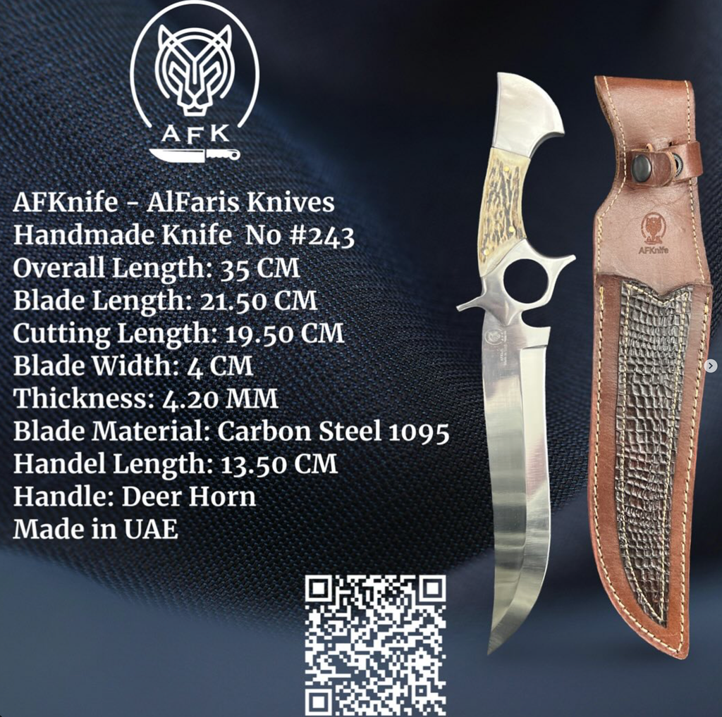 Fixed Blade Carbon Steel 1095 + Deer Horn Handle + Leather Sheath + 58-59 HRC - Persian Style No: FB-243