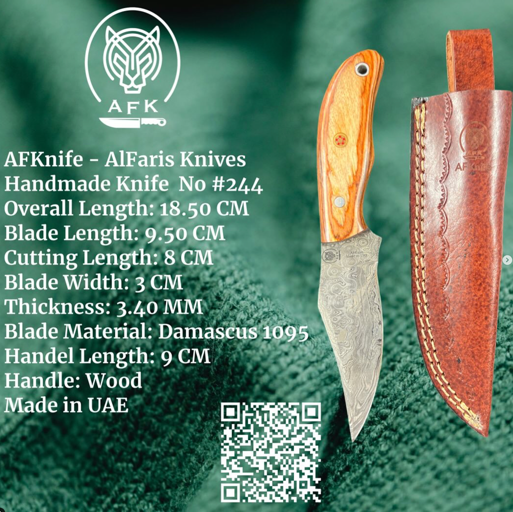 Fixed Blad Damascus Steel 1095 + Wood Handle + Leather Sheath + 58-59 HRC - Clip Point Style No: FB-244