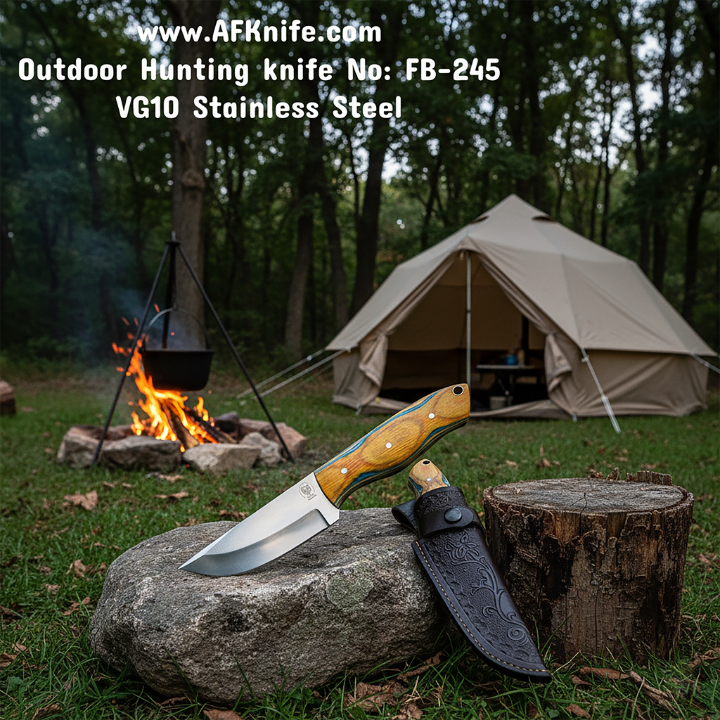 Fixed Blad VG10 Stainless Steel + Colored Wood Handle + Leather Sheath + 57-58 HRC - Straight Back Style No: FB-245