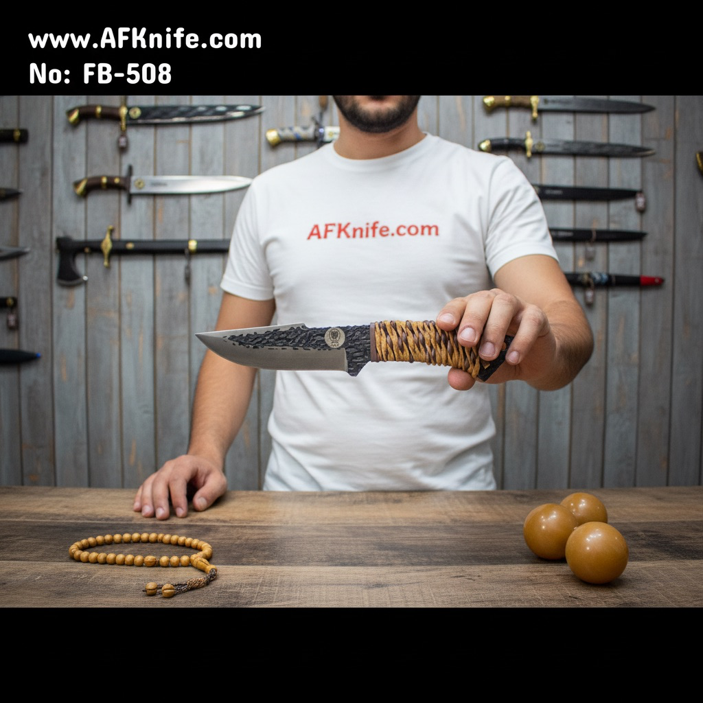 Fixed Blade Carbon Steel 1095 + Leather cord wrapped around the knife handle + Leather Sheath + 59-60 HRC - Drop Point Style No: FB-508
