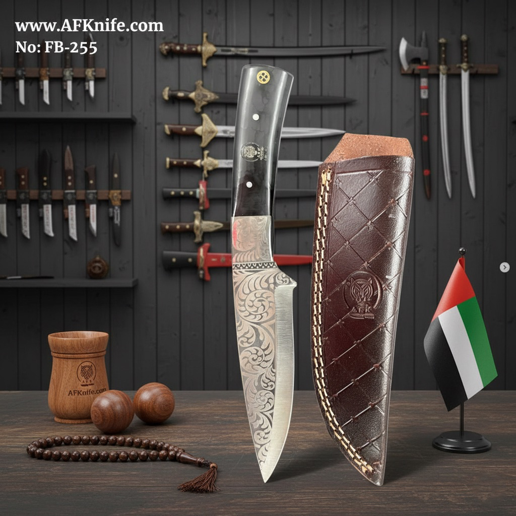 Fixed Blad Carbon Steel 1095 - Mosaic Carved on Blade + Buffalo Bone w/ Steel Handle + Leather Sheath + 58-59 HRC - Drop Point Style : FB-255