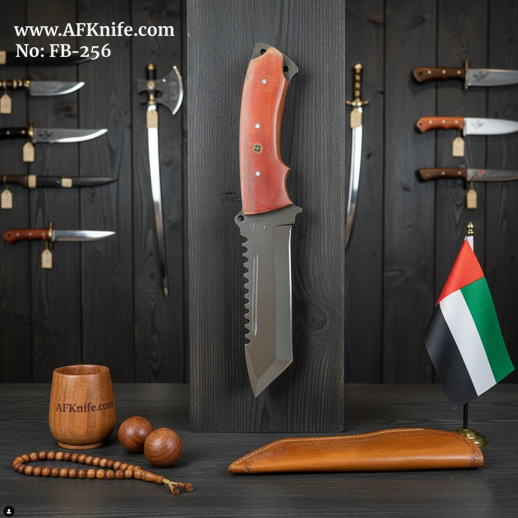 [FB-256] سكين تكتيكي من معدن ( التيتانيوم ستيل ) ومقبض من ( الميكارتا ) وغمد من ( الجلد ) رقم ٢٥٦