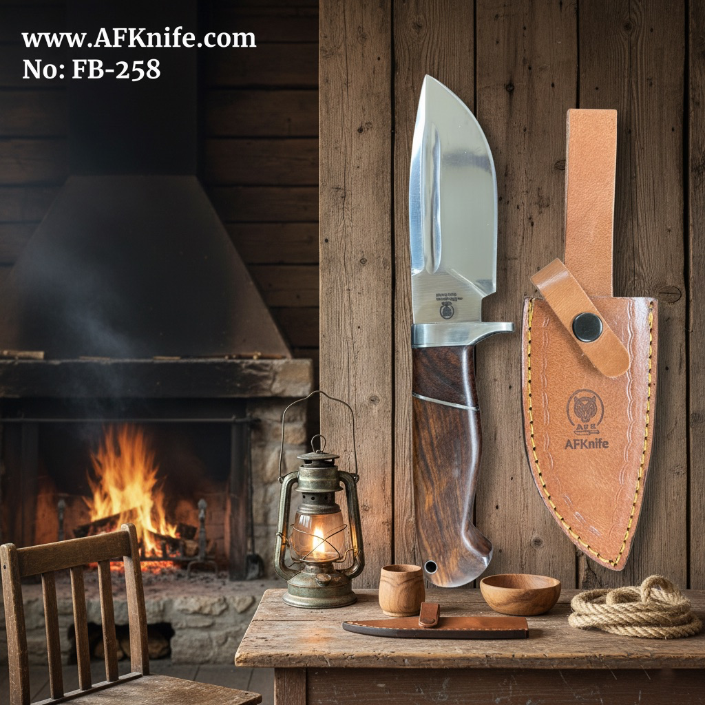 Fixed Blad D2 Tool Steel + Walnut Wood w/ D2 Guard Handle + Leather Sheath + 58-59 HRC -Drop Point Style No: FB-258