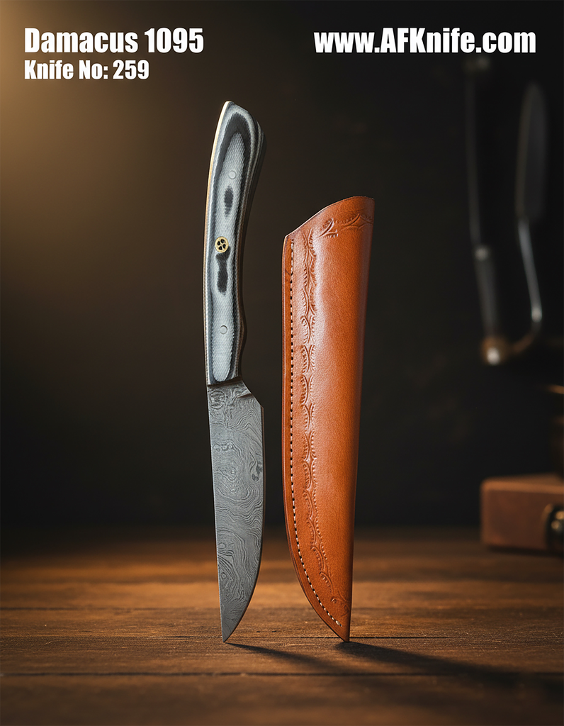 [259] Fixed Blad Skinner Damascus 1095 - G10 Handle - Leather Sheath - Knife No: 259