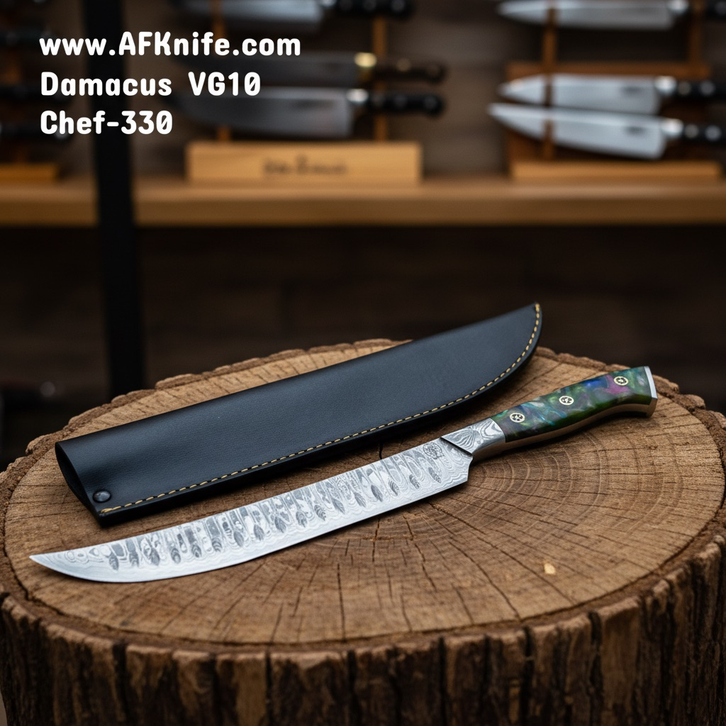 Chef's (kitchen) Damascus VG10 + Epoxy Handle + ( 38 CM ) + Leather Sheath + 58-60 HRC - ( Slicing Style ) No: Chef-330