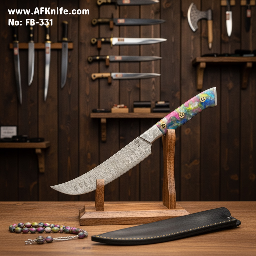[331] Chef's (kitchen) Damascus VG10 + Epoxy Handle + ( 31.50 CM ) + Leather Sheath + 58-60 HRC - Slicing Style No: Chef-331
