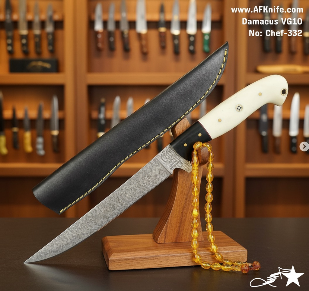 Chef's (kitchen) Damascus VG10 + G10 Handle + 58-60 HRC + Leather Sheath - ( Boning ) No: Chef-332
