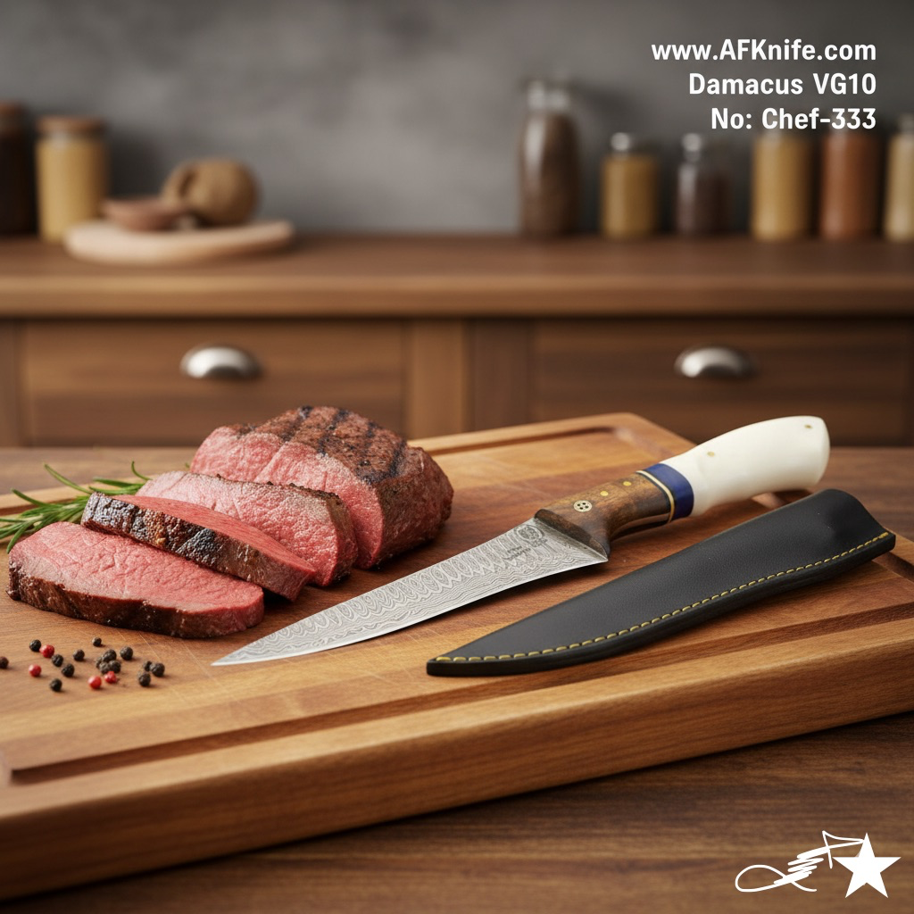 Chef's (kitchen) Damascus VG10 + G10 & Sandal Wood Handle + Leather Sheath + 58-60 HRC - ( Boning ) No: Chef-333