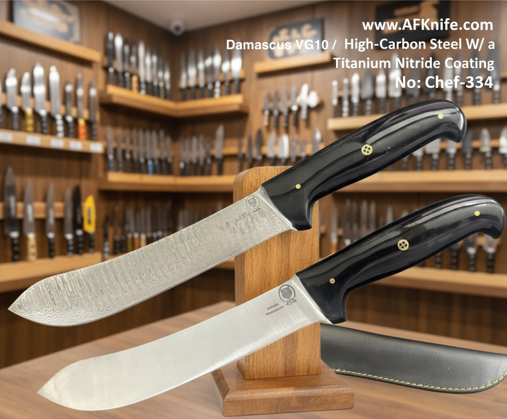 [334-Titanium] Chef's (kitchen) Damascus VG10 / High-Carbon Steel W/ a Titanium Nitride Coating + G10 Handle + Leather Sheath + 58-60 HRC - ( skinning Style ) No: Chef-334 (Titanium)