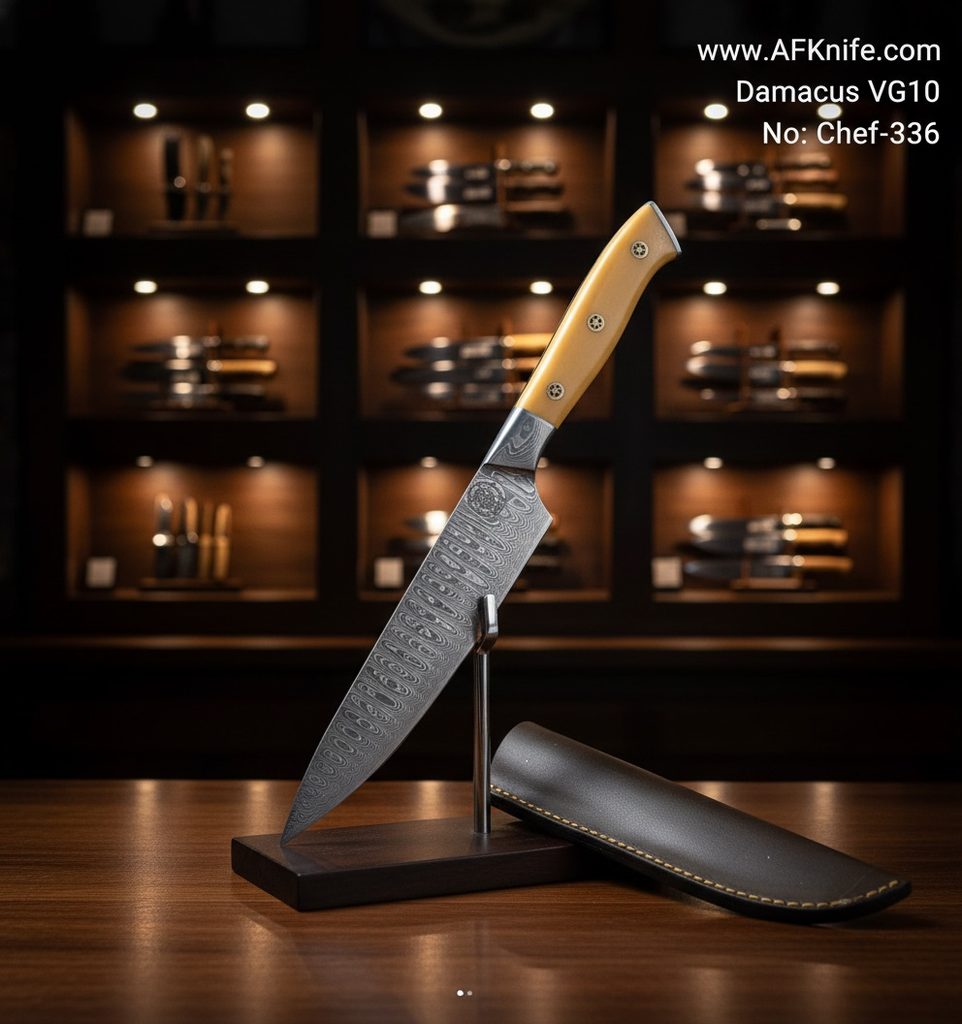 [32.50CM-Chef-040] سكين الجزارة - معدن ( دمشقي في جي ١٠ ) مقبض ( الايبوكسي ) غمد ( جلد ) رقم ٣٣٦ (32.50 CM)