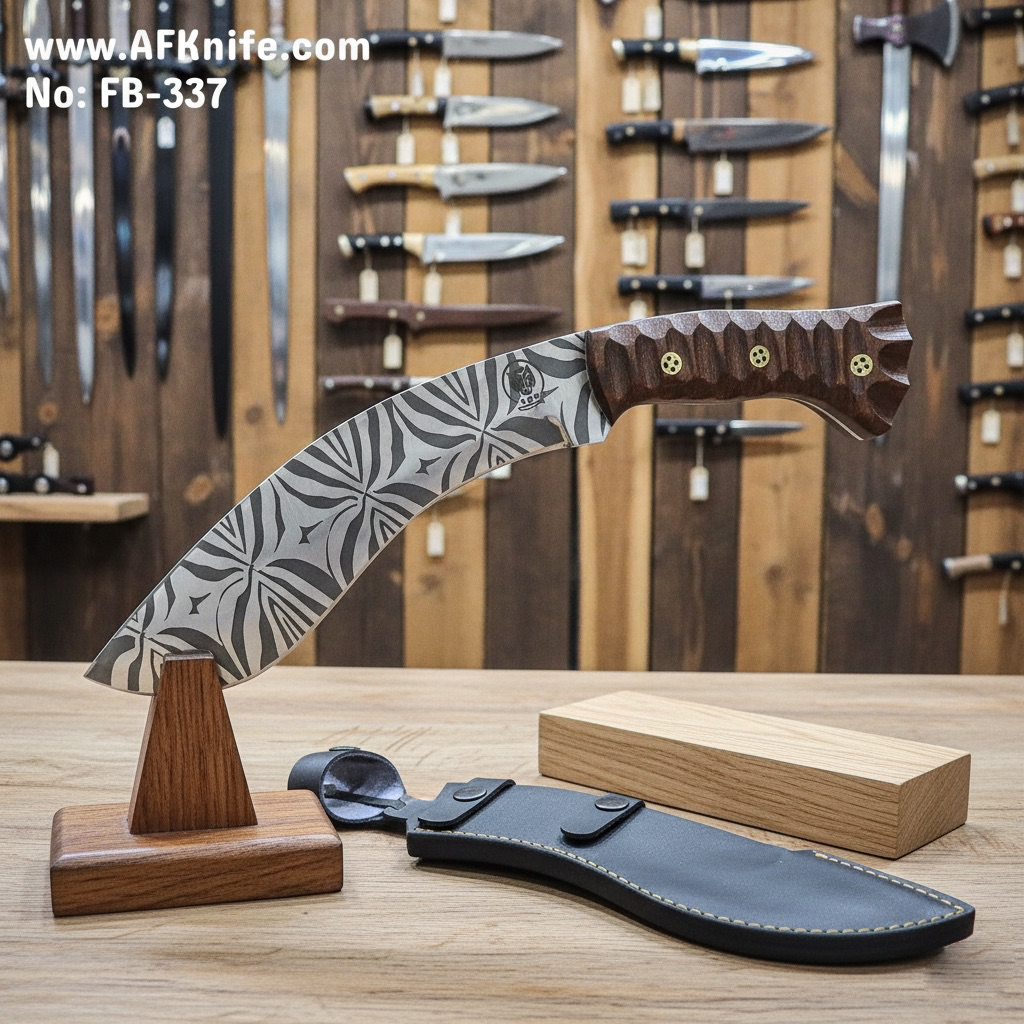 Fixed Blade Kukri Knife - Carbon Steel 1095 - Mosaic Pattern + Oak Wood Handle + Leather Sheath + 58-59 HRC - Kukri Style No: FB-337