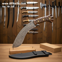 Fixed Blade Kukri Knife - Damascus Steel 1095 - RAIN Pattern + Oak Wood Handle + Leather Sheath + 58-59 HRC - Kukri Style No: FB-338