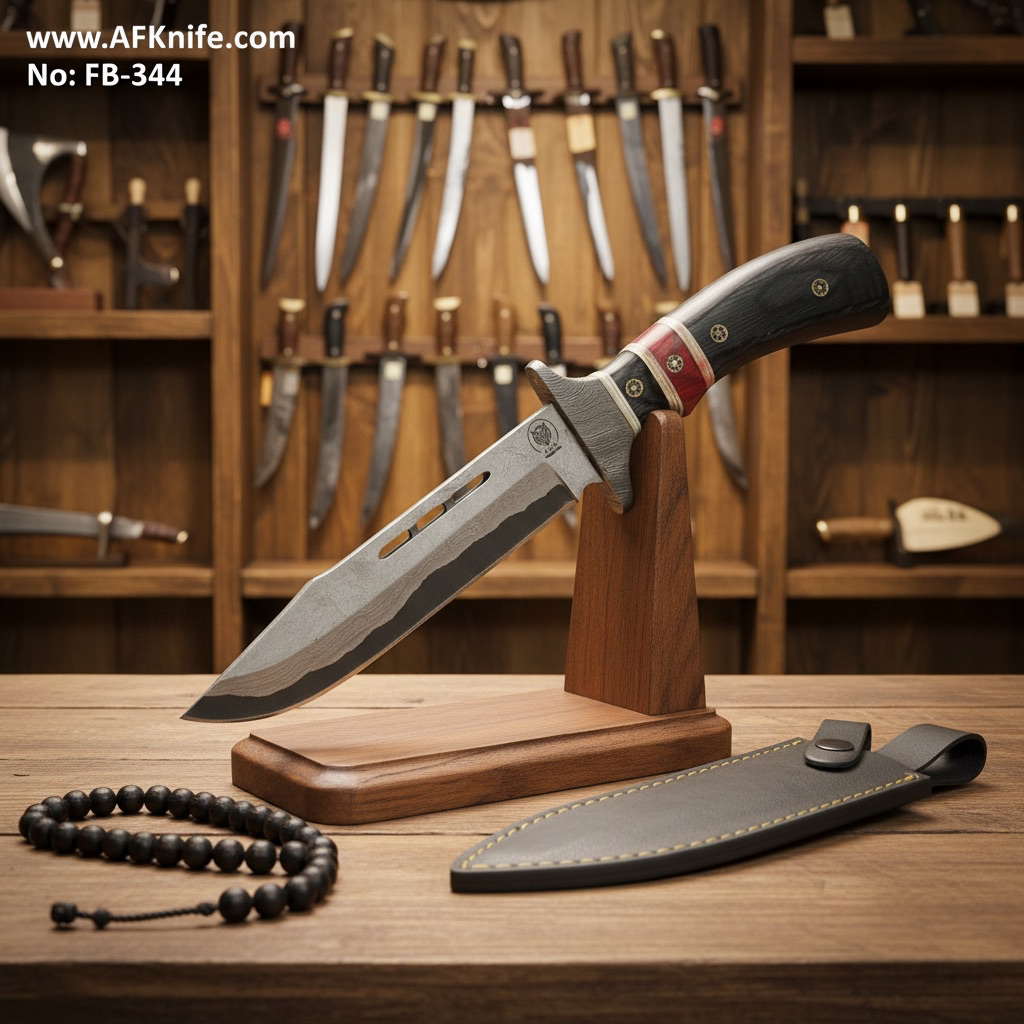 Fixed Blad BOWIE Knife - Carbon Steel 1095-San Mai + Rose Wood w/ Guard Handle + Leather Sheath + 58-60 HRC - BOWIE Style No: FB-344