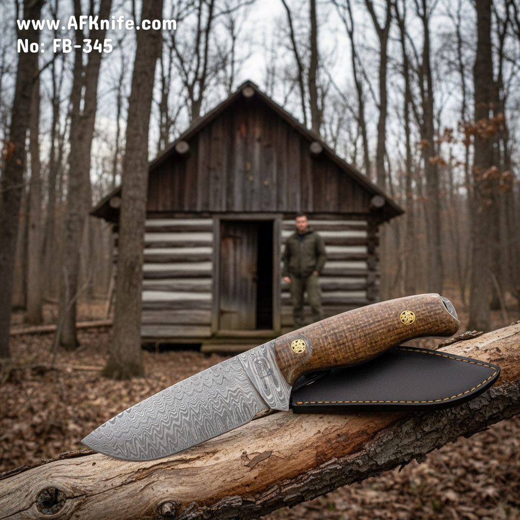 Fixed Blad Damascus VG10 + Micarta Handle + Leather Sheath + 58-59 HRC -  Drop Point Style No: FB-345