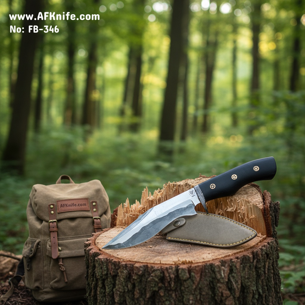 Fixed Blad Bowie Knife - Carbon Steel 1095 - San Mai + Micarta Handle + Leather Sheath + 58-60 HRC - Bowie Style No: FB-346
