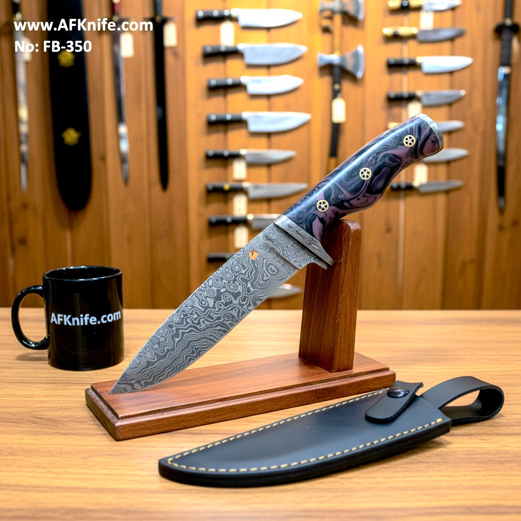 Fixed Blad Damascus VG10 + Epoxy Handle + Leather Sheath + 58+60 HRC - Drop Point No: FB-350