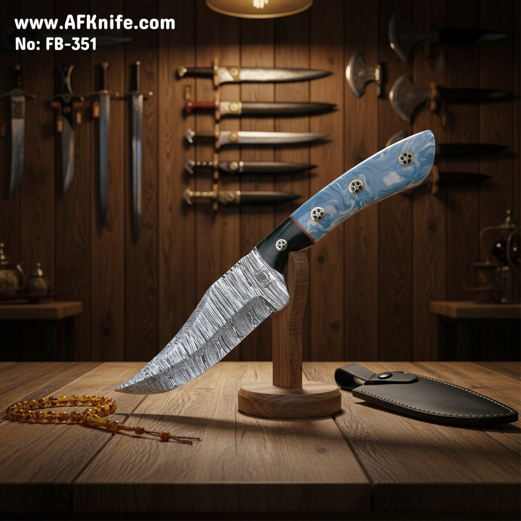 Fixed Blad Damascus Steel 1095 + Epoxy Handle + Leather Sheath + 58-59 HRC - Clip Point Style No: FB-351