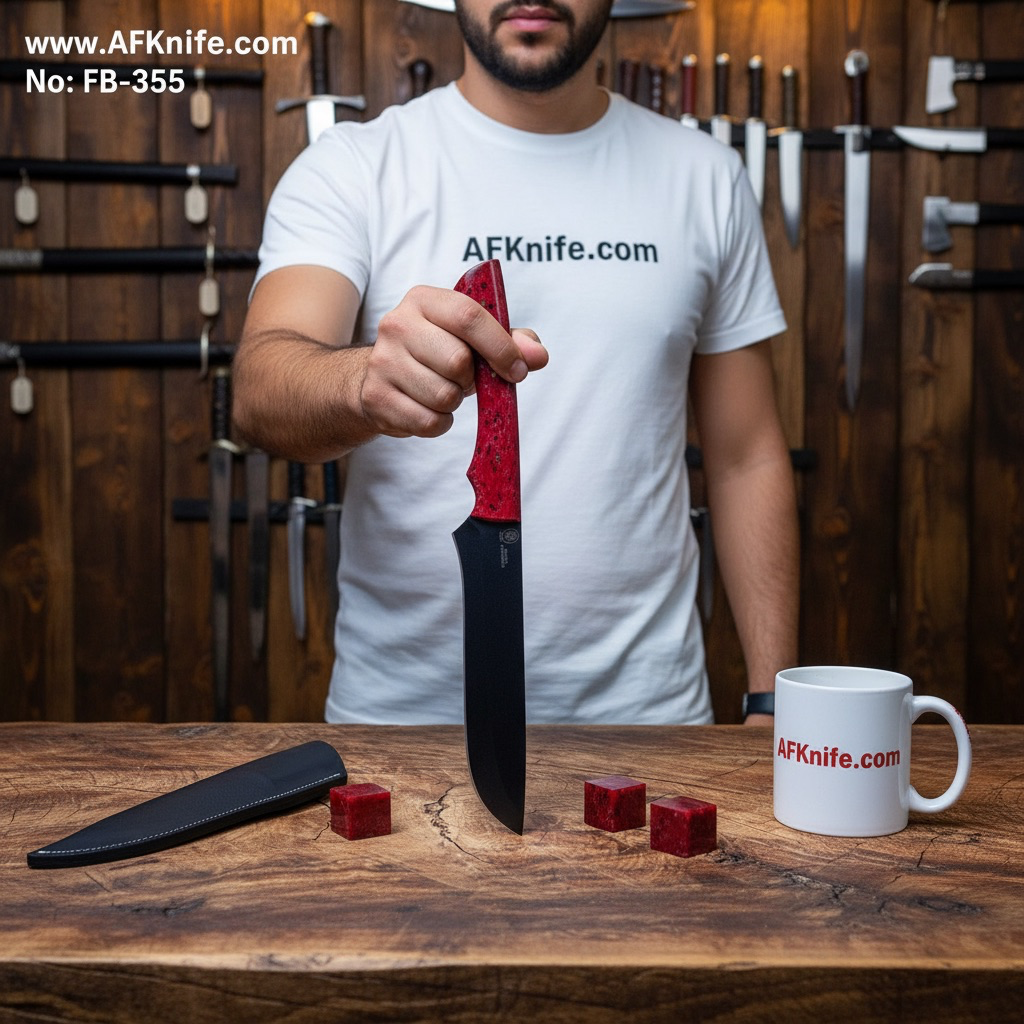 Fixed Blad Carbon Steel 1095 - Black Coated + Epoxy Handle  + Leather Sheath + 58-59 HRC - Straight Back No: FB-355